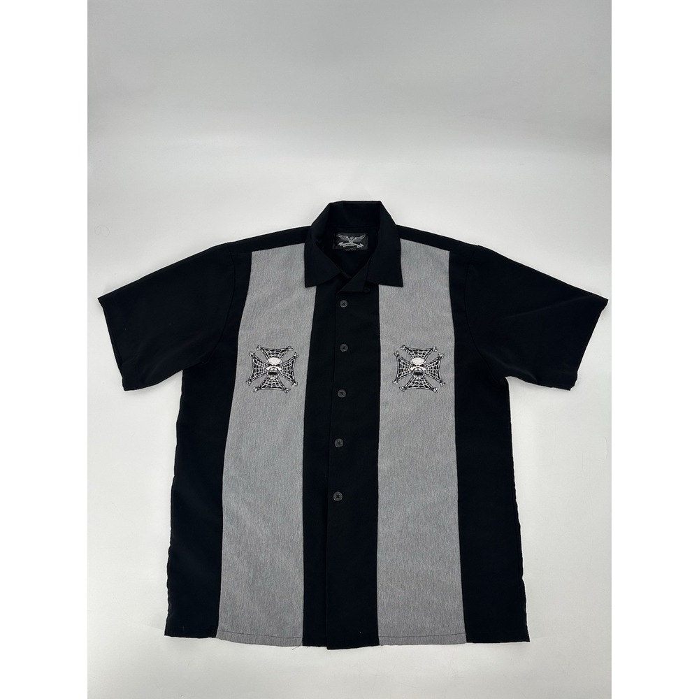 Chrome Eagle Black Motorcycle Short Sleeve Button Up Shirt Men's‎ Sz M Skull